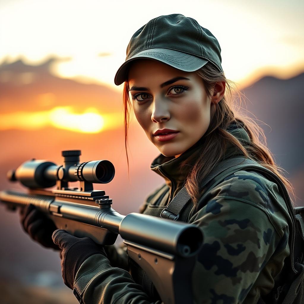A striking portrait of a female sniper, poised and confident with a sleek sniper rifle