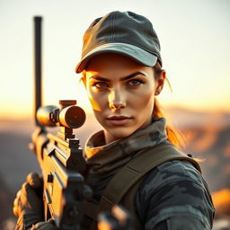 A striking portrait of a female sniper, poised and confident with a sleek sniper rifle