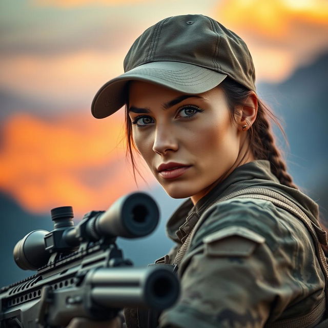 A striking portrait of a female sniper, poised and confident with a sleek sniper rifle
