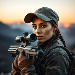 A striking portrait of a female sniper, poised and confident with a sleek sniper rifle