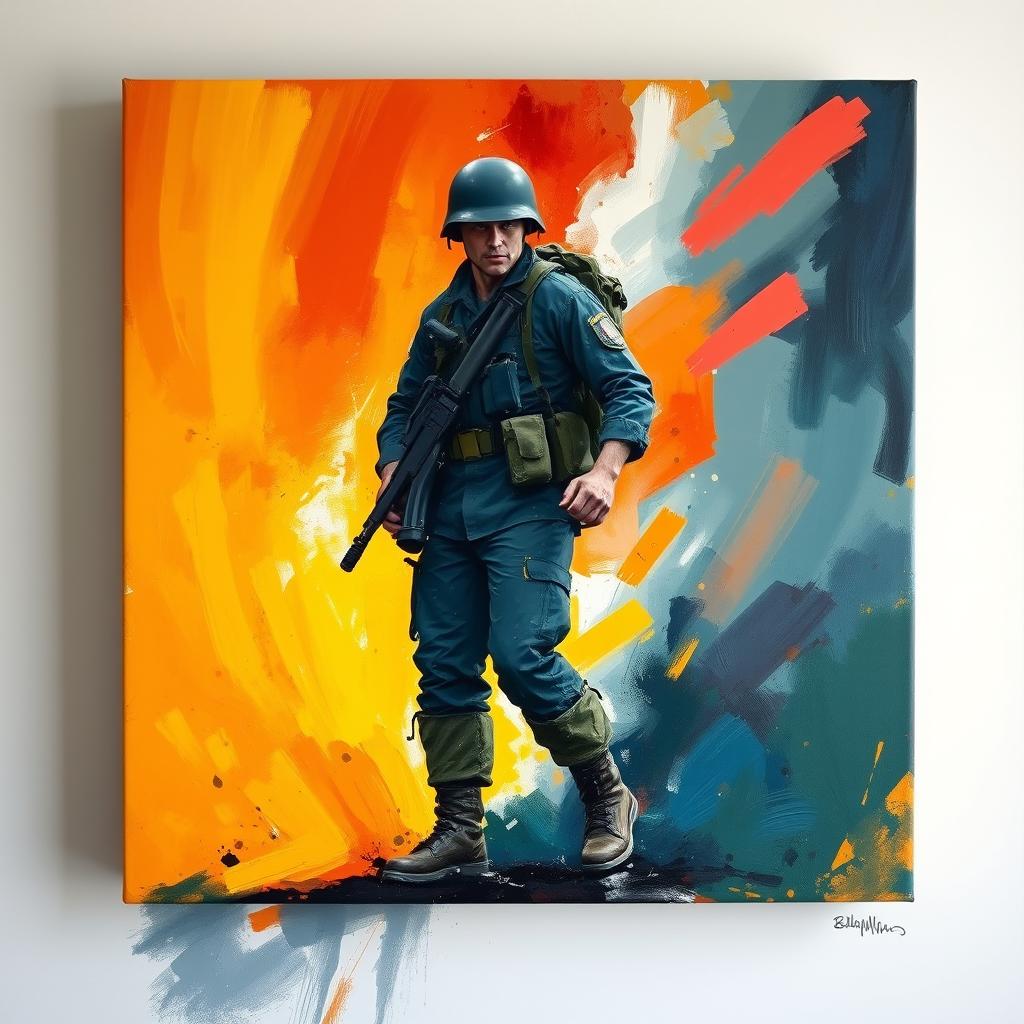 An abstract painting of a soldier, showcasing bold colors and dynamic brush strokes to convey movement and emotion