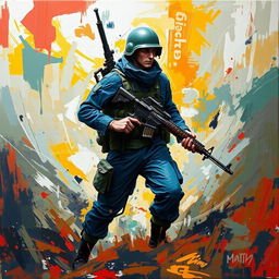 An abstract painting of a soldier, showcasing bold colors and dynamic brush strokes to convey movement and emotion