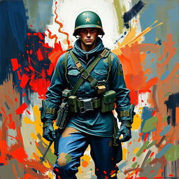 An abstract painting of a soldier, showcasing bold colors and dynamic brush strokes to convey movement and emotion