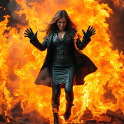A massive fire raging with flames all around, in the center a woman wearing a tight and shiny black leather coat, black leather gloves, and high-heeled leather boots