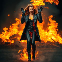 A massive fire raging with flames all around, in the center a woman wearing a tight and shiny black leather coat, black leather gloves, and high-heeled leather boots