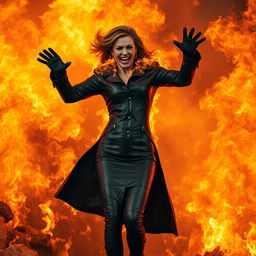 A massive fire raging with flames all around, in the center a woman wearing a tight and shiny black leather coat, black leather gloves, and high-heeled leather boots