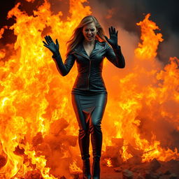 A massive fire raging with flames all around, in the center a woman wearing a tight and shiny black leather coat, black leather gloves, and high-heeled leather boots