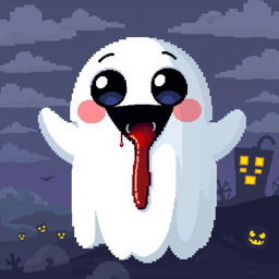A cute pixel art ghost with an adorable and cheerful exterior, characterized by bright pastel colors, large whimsical eyes, and a happy smile, exuding a playful vibe