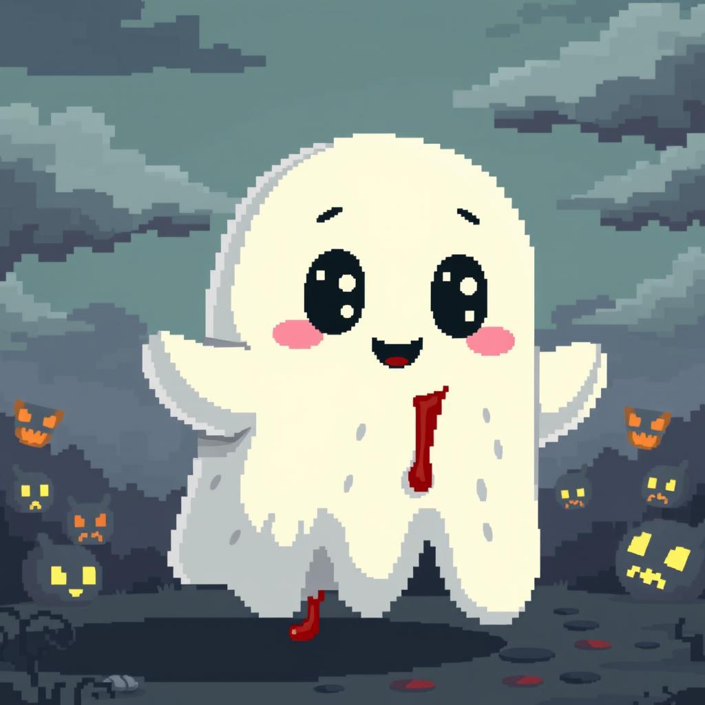 A cute pixel art ghost with an adorable and cheerful exterior, characterized by bright pastel colors, large whimsical eyes, and a happy smile, exuding a playful vibe