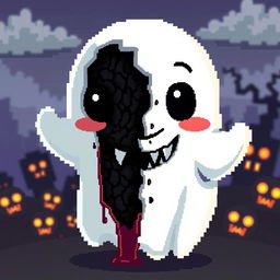 A cute pixel art ghost with an adorable and cheerful exterior, characterized by bright pastel colors, large whimsical eyes, and a happy smile, exuding a playful vibe