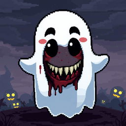 A cute pixel art ghost with an adorable and cheerful exterior, characterized by bright pastel colors, large whimsical eyes, and a happy smile, exuding a playful vibe