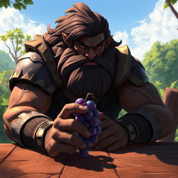 Ugot from League of Legends, a large, imposing figure with a rugged appearance, sitting at a rustic wooden table, focused on a single, glistening purple grape held delicately between his massive fingers