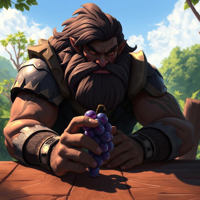 Ugot from League of Legends, a large, imposing figure with a rugged appearance, sitting at a rustic wooden table, focused on a single, glistening purple grape held delicately between his massive fingers