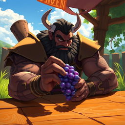 Ugot from League of Legends, a large, imposing figure with a rugged appearance, sitting at a rustic wooden table, focused on a single, glistening purple grape held delicately between his massive fingers