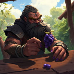Ugot from League of Legends, a large, imposing figure with a rugged appearance, sitting at a rustic wooden table, focused on a single, glistening purple grape held delicately between his massive fingers