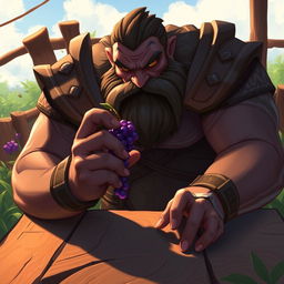 Ugot from League of Legends, a large, imposing figure with a rugged appearance, sitting at a rustic wooden table, focused on a single, glistening purple grape held delicately between his massive fingers