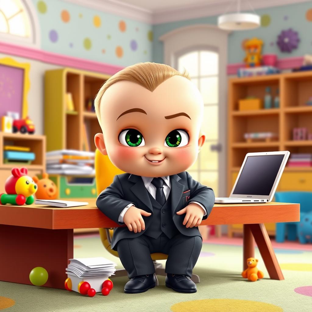 A vibrant and playful illustration of Boss Baby from the animated film 'Boss Baby'