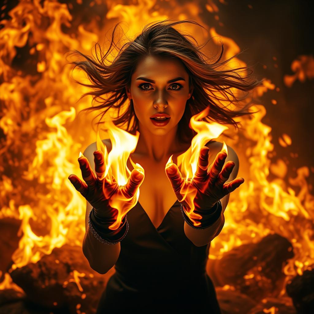 A dramatic scene of a woman emerging from a massive raging fire, her body engulfed in flames yet she wears stylish leather gloves