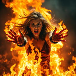 A dramatic scene of a woman emerging from a massive raging fire, her body engulfed in flames yet she wears stylish leather gloves