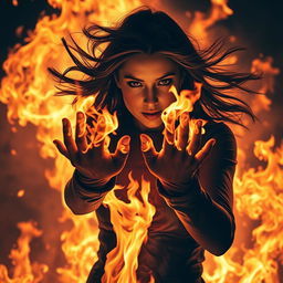 A dramatic scene of a woman emerging from a massive raging fire, her body engulfed in flames yet she wears stylish leather gloves