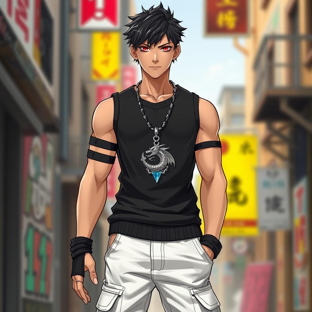 A tall young man of about 20 years old, showcasing a medium-muscled physique