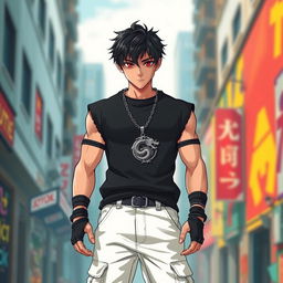 A tall young man of about 20 years old, showcasing a medium-muscled physique