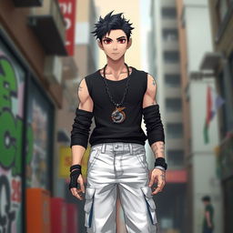A tall young man of about 20 years old, showcasing a medium-muscled physique