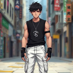 A tall young man of about 20 years old, showcasing a medium-muscled physique