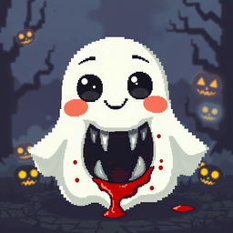 A cute pixel art ghost characterized by its friendly and cheerful exterior, featuring vibrant colors, oversized sparkling eyes, and a wide smile that radiates positivity