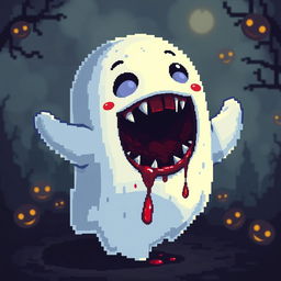 A cute pixel art ghost characterized by its friendly and cheerful exterior, featuring vibrant colors, oversized sparkling eyes, and a wide smile that radiates positivity