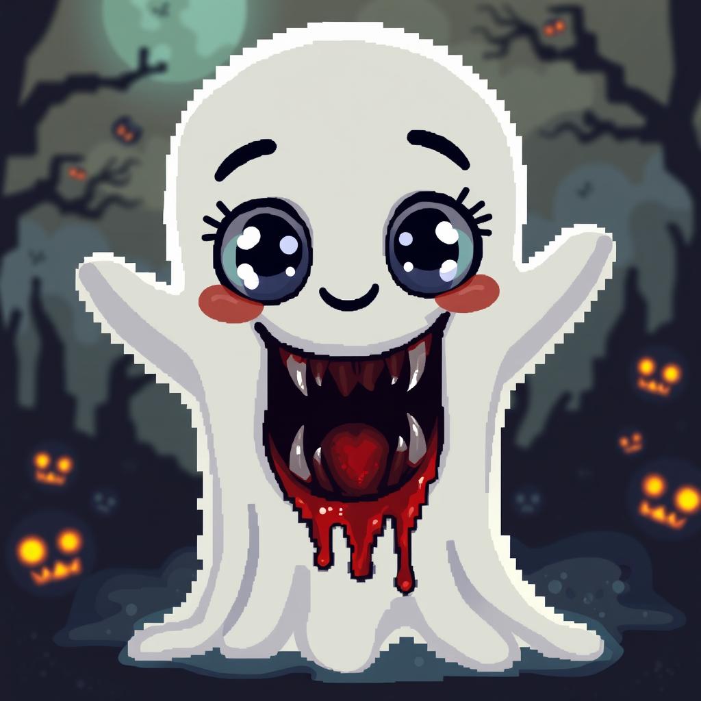 A cute pixel art ghost characterized by its friendly and cheerful exterior, featuring vibrant colors, oversized sparkling eyes, and a wide smile that radiates positivity