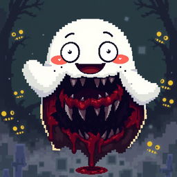A cute pixel art ghost characterized by its friendly and cheerful exterior, featuring vibrant colors, oversized sparkling eyes, and a wide smile that radiates positivity