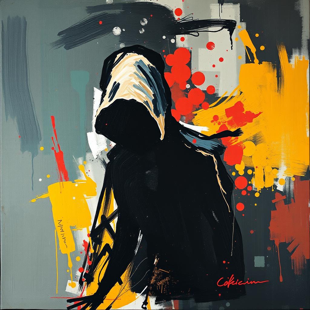 An abstract painting depicting an intruder in an expressive and thought-provoking style