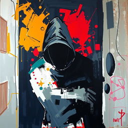 An abstract painting depicting an intruder in an expressive and thought-provoking style