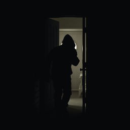 A dark, suspenseful scene featuring a mysterious intruder cautiously entering a dimly lit room through a slightly ajar door