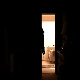 A dark, suspenseful scene featuring a mysterious intruder cautiously entering a dimly lit room through a slightly ajar door