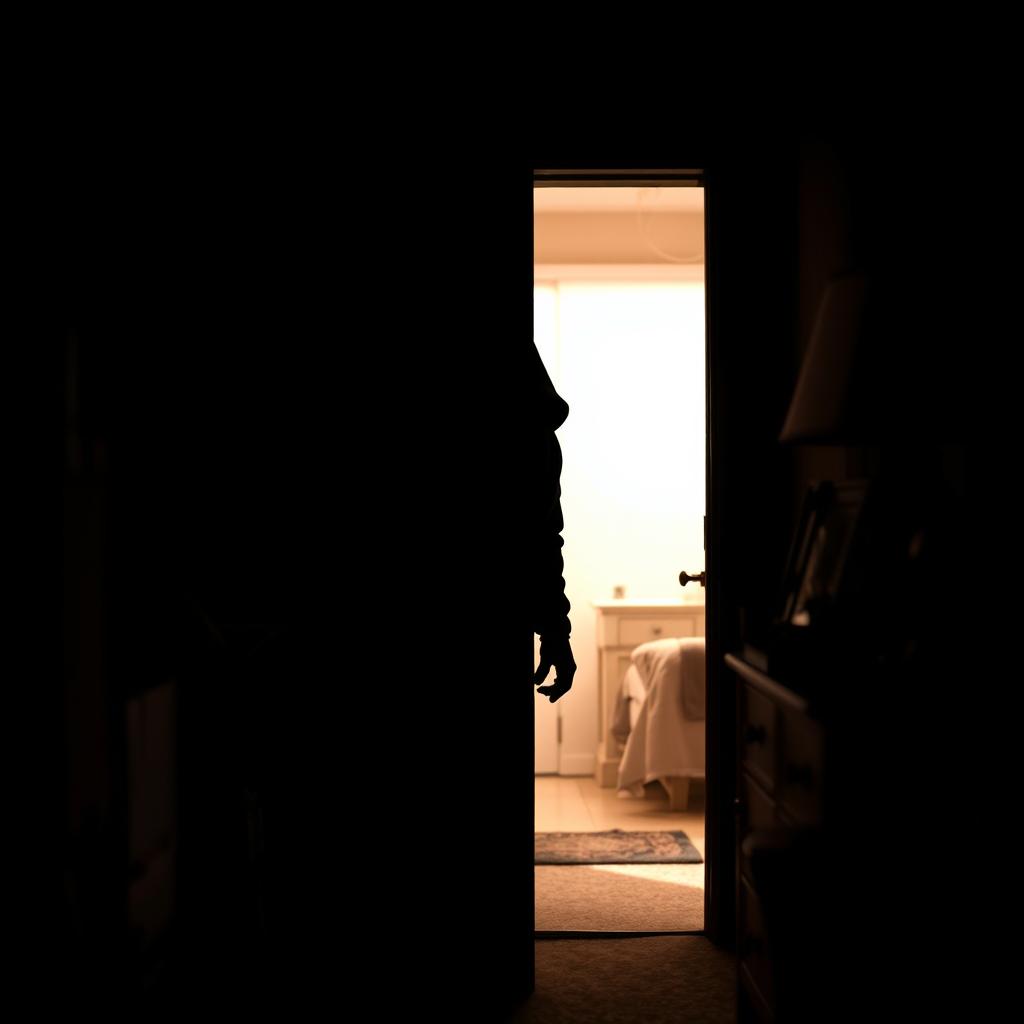 A dark, suspenseful scene featuring a mysterious intruder cautiously entering a dimly lit room through a slightly ajar door