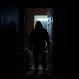 A dark, suspenseful scene featuring a mysterious intruder cautiously entering a dimly lit room through a slightly ajar door