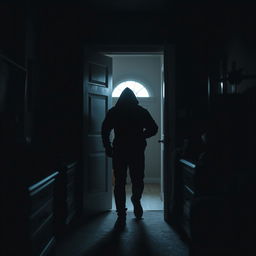 A dark, suspenseful scene featuring a mysterious intruder cautiously entering a dimly lit room through a slightly ajar door