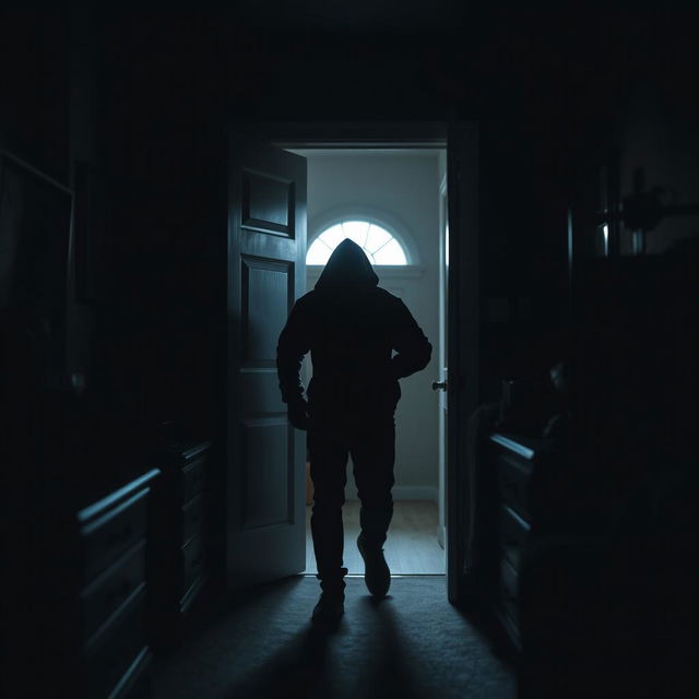 A dark, suspenseful scene featuring a mysterious intruder cautiously entering a dimly lit room through a slightly ajar door