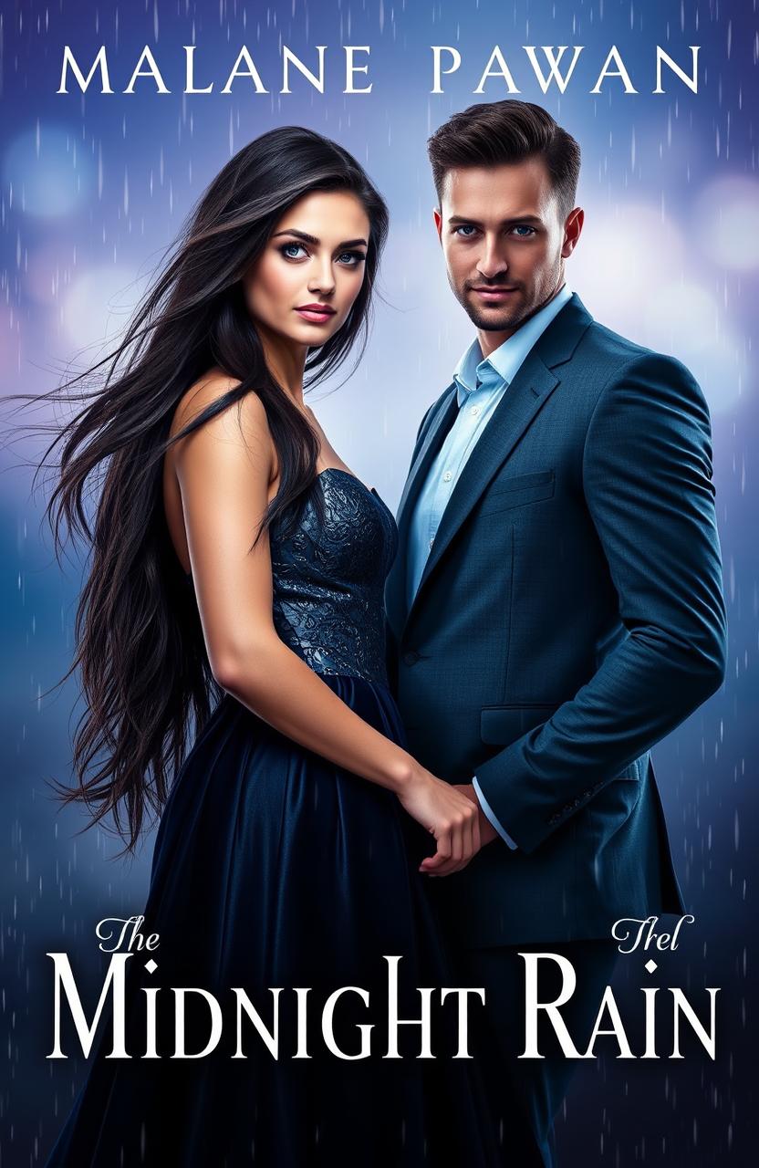 A captivating book cover titled 'Midnight Rain', featuring a stunning young woman with long flowing dark hair, wearing an elegant, shimmering gown that complements the night sky