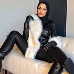 A beautiful hijab-wearing woman in a black, tight, shiny leather jacket with a white fur collar, black shiny leather gloves, black leather leggings, and high-heeled leather boots