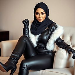 A beautiful hijab-wearing woman in a black, tight, shiny leather jacket with a white fur collar, black shiny leather gloves, black leather leggings, and high-heeled leather boots