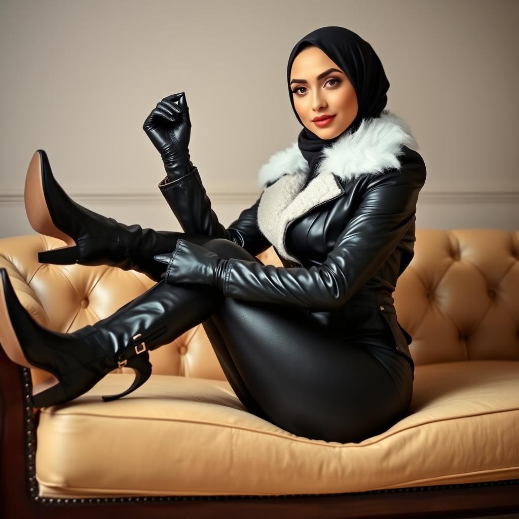 A beautiful hijab-wearing woman in a black, tight, shiny leather jacket with a white fur collar, black shiny leather gloves, black leather leggings, and high-heeled leather boots