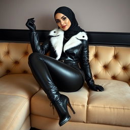 A beautiful hijab-wearing woman in a black, tight, shiny leather jacket with a white fur collar, black shiny leather gloves, black leather leggings, and high-heeled leather boots