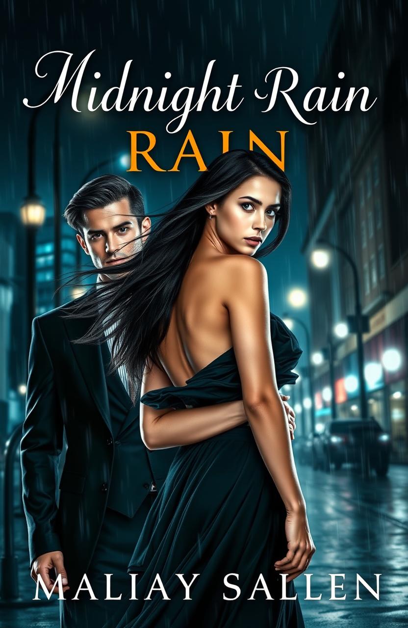 A striking book cover titled 'Midnight Rain', featuring a very beautiful young woman with flowing dark hair, wearing a flowing, elegant dress