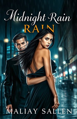 A striking book cover titled 'Midnight Rain', featuring a very beautiful young woman with flowing dark hair, wearing a flowing, elegant dress
