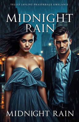 A striking book cover titled 'Midnight Rain', featuring a very beautiful young woman with flowing dark hair, wearing a flowing, elegant dress