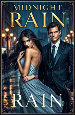 A striking book cover titled 'Midnight Rain', featuring a very beautiful young woman with flowing dark hair, wearing a flowing, elegant dress