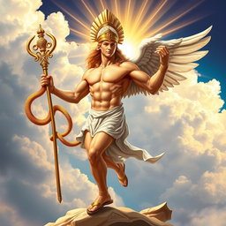 A stunning depiction of Hermes, the Greek god, portrayed as a young man with an athletic build, wearing a winged helmet and sandals